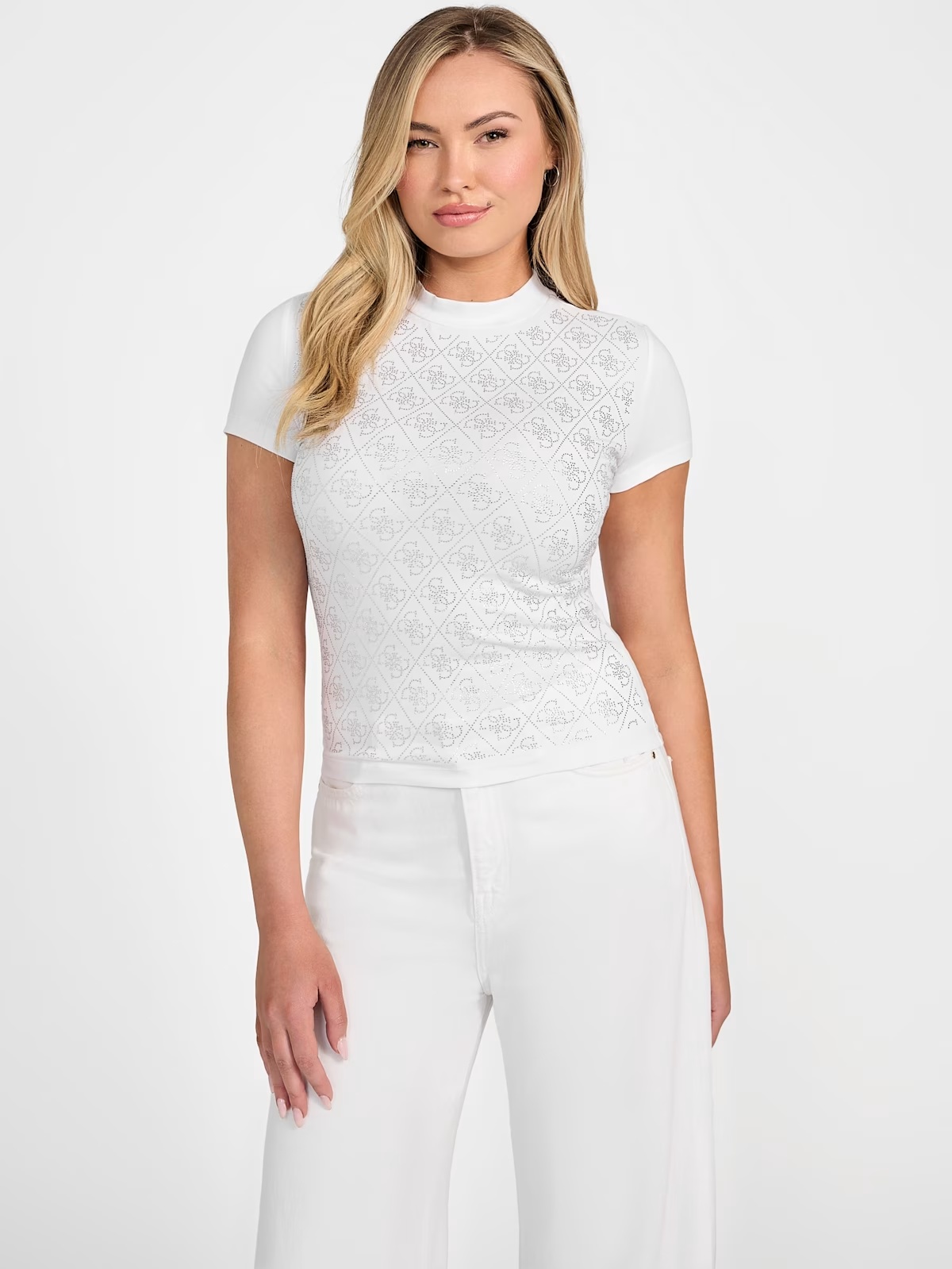 Rhinestone Quattro G Mock-Neck Tee - White