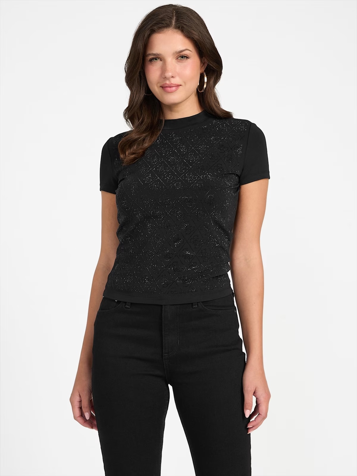 Rhinestone Quattro G Mock-Neck Tee - Black