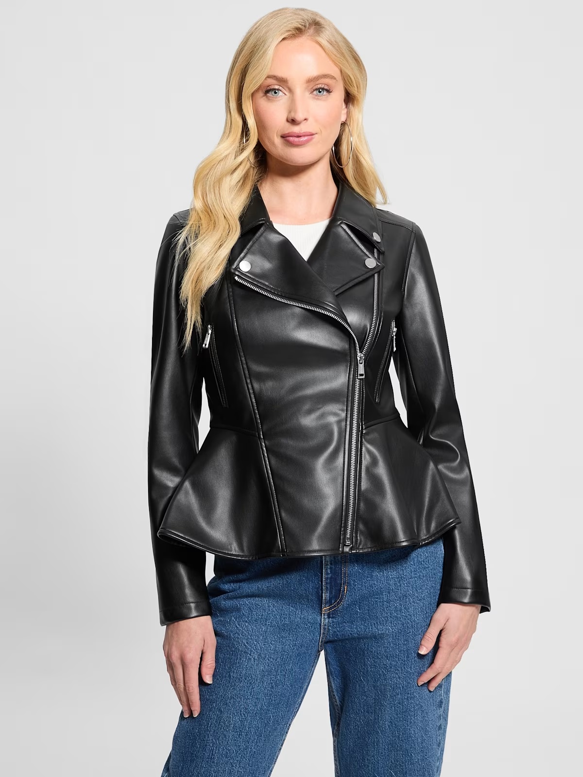 Ivy Faux-Leather Peplum Moto Jacket - Black