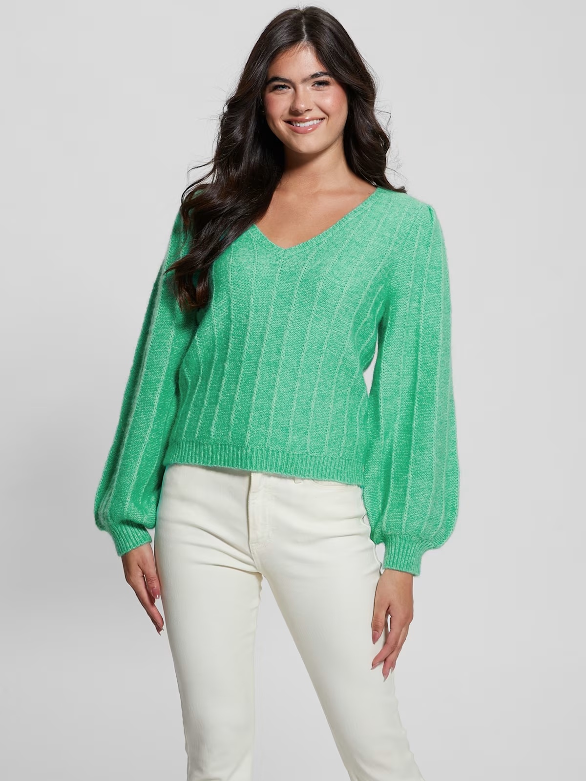Madeline Textured V-Neck Sweater - Green
