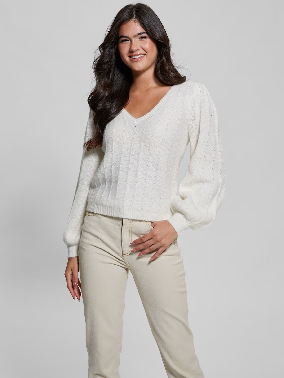 Madeline Textured V-Neck Sweater - White