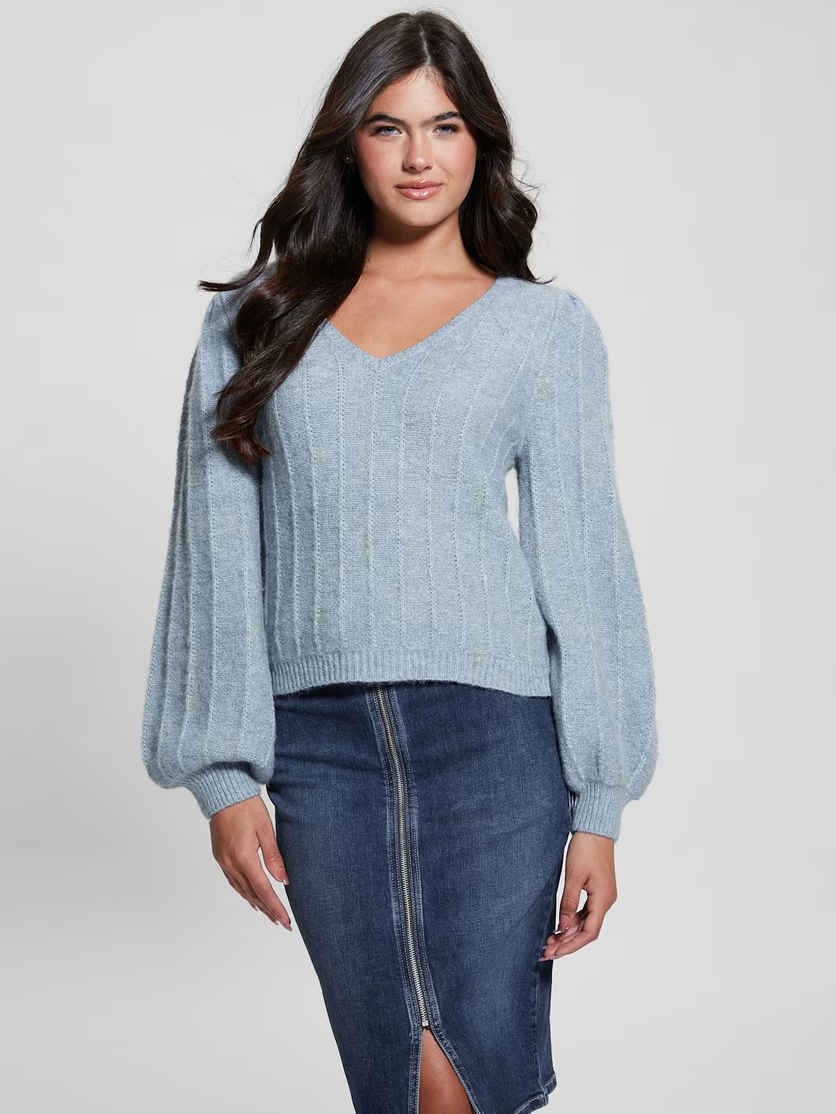 Madeline Textured V-Neck Sweater - Blue