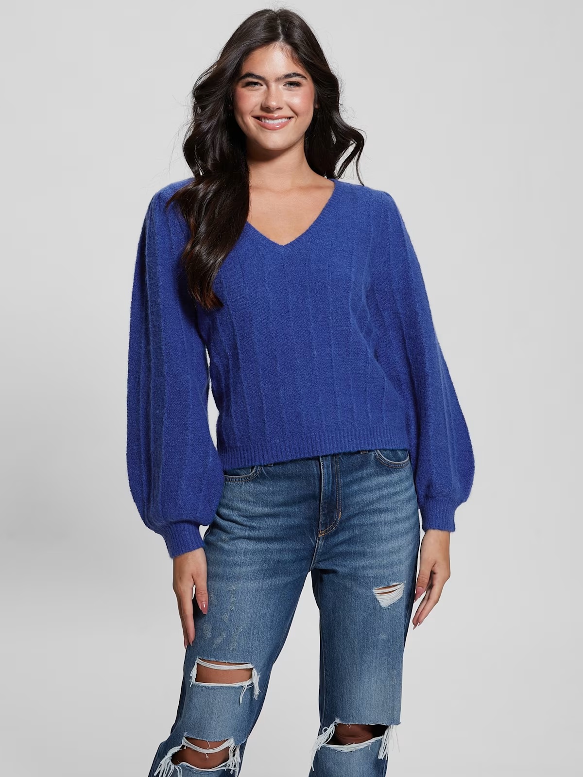 Madeline Textured V-Neck Sweater - Blue