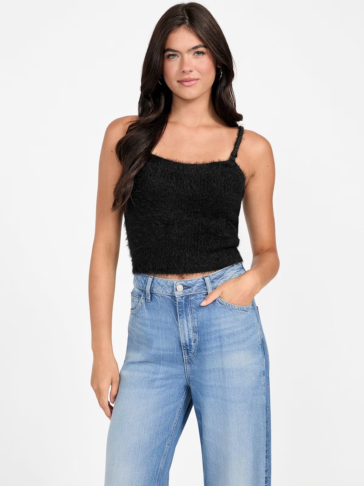 Keyla Fuzzy Sweater Crop Cami - Black