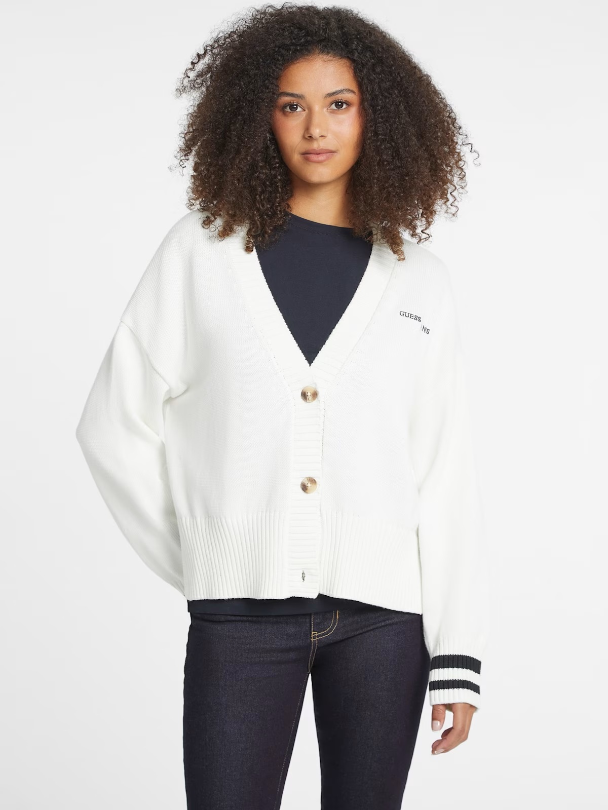 Embroidered Logo Varsity Cardigan - White