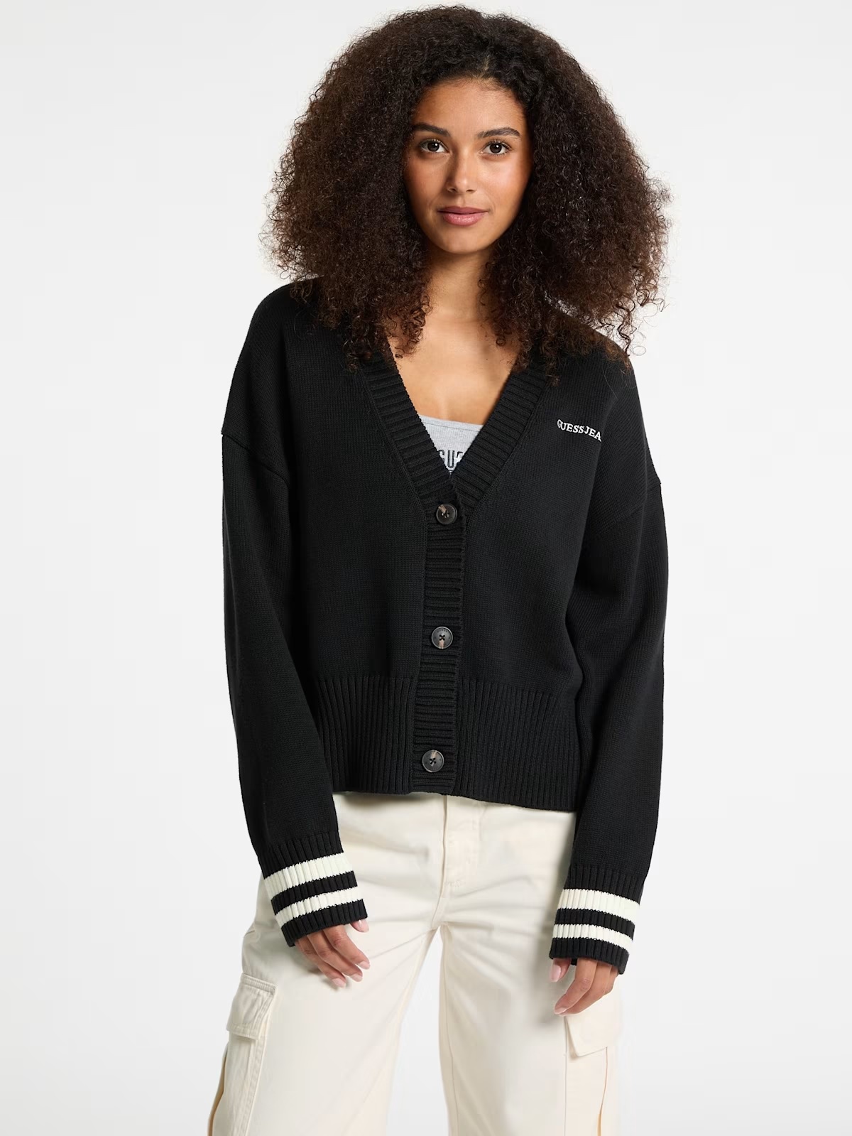 Embroidered Logo Varsity Cardigan - Black