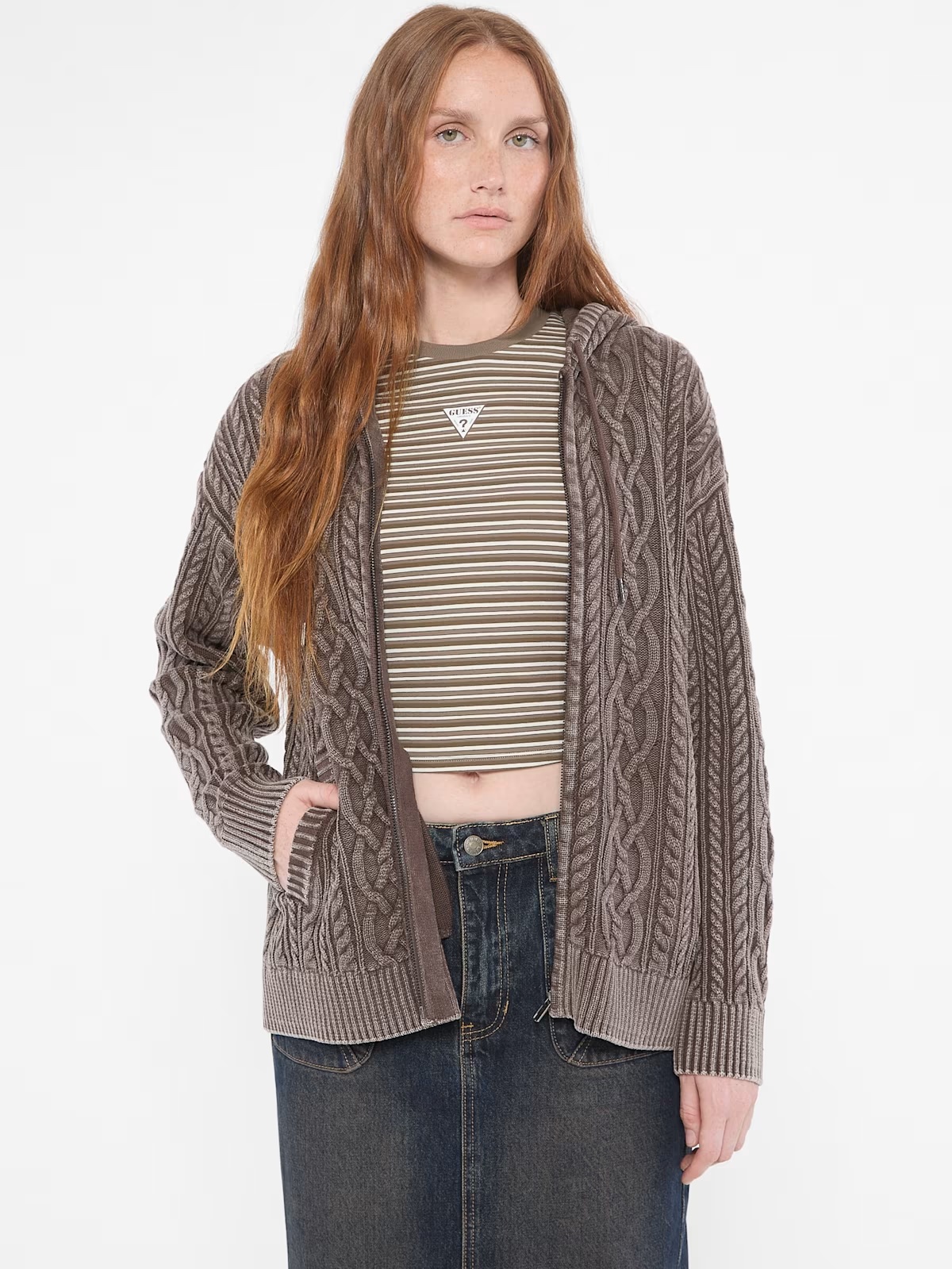 GUESS Originals Cable-Knit Oversized Hoodie - Brown