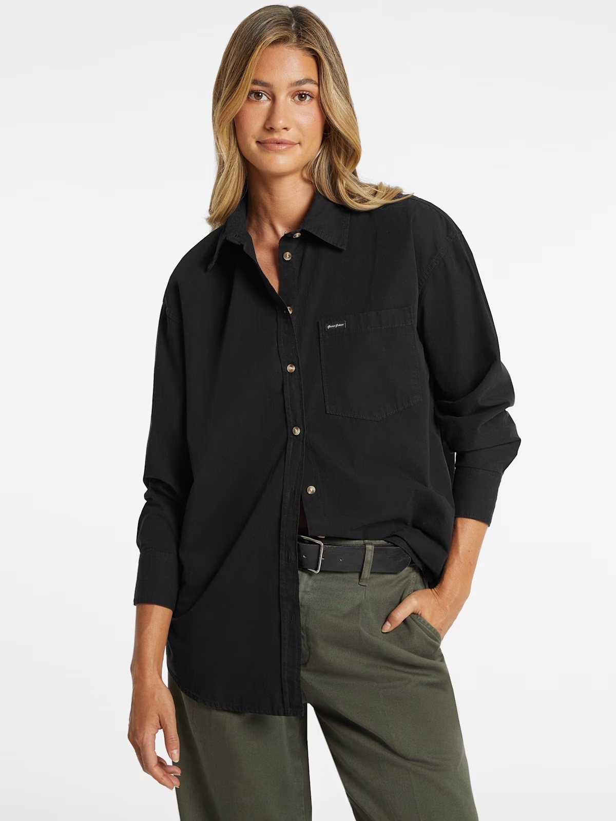 Oversized Long-Sleeve Pocket Shirt - Black