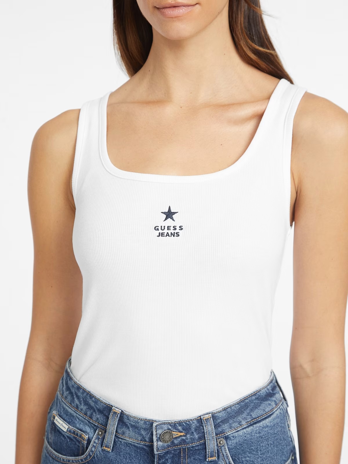 Slim Embroidered Star Tank - White