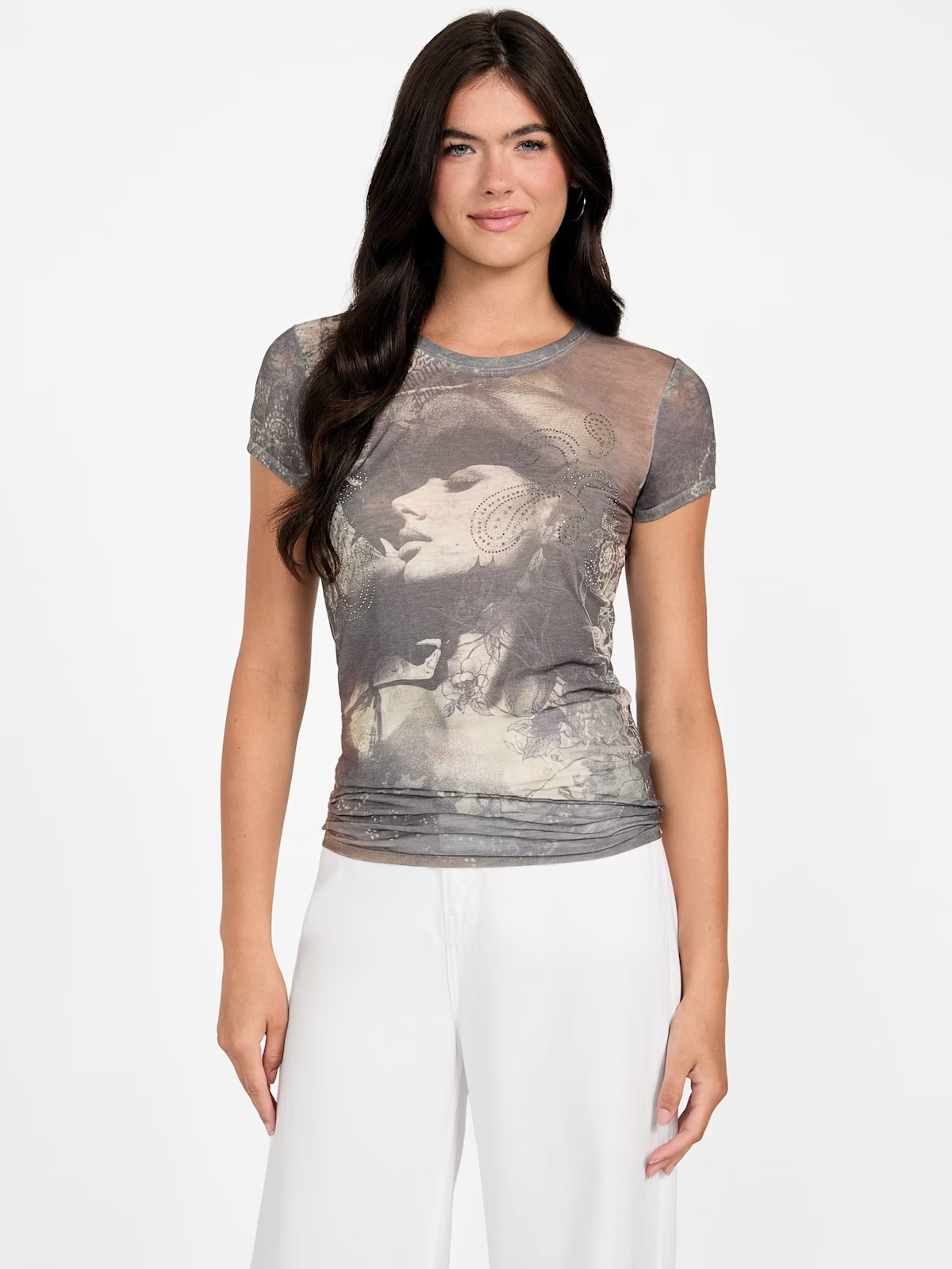 Nostalgia Rhinestone Burnout Tee - Brown