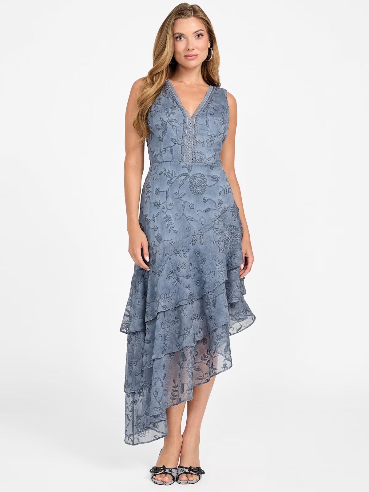 Loren Embossed Tiered Dress - Blue