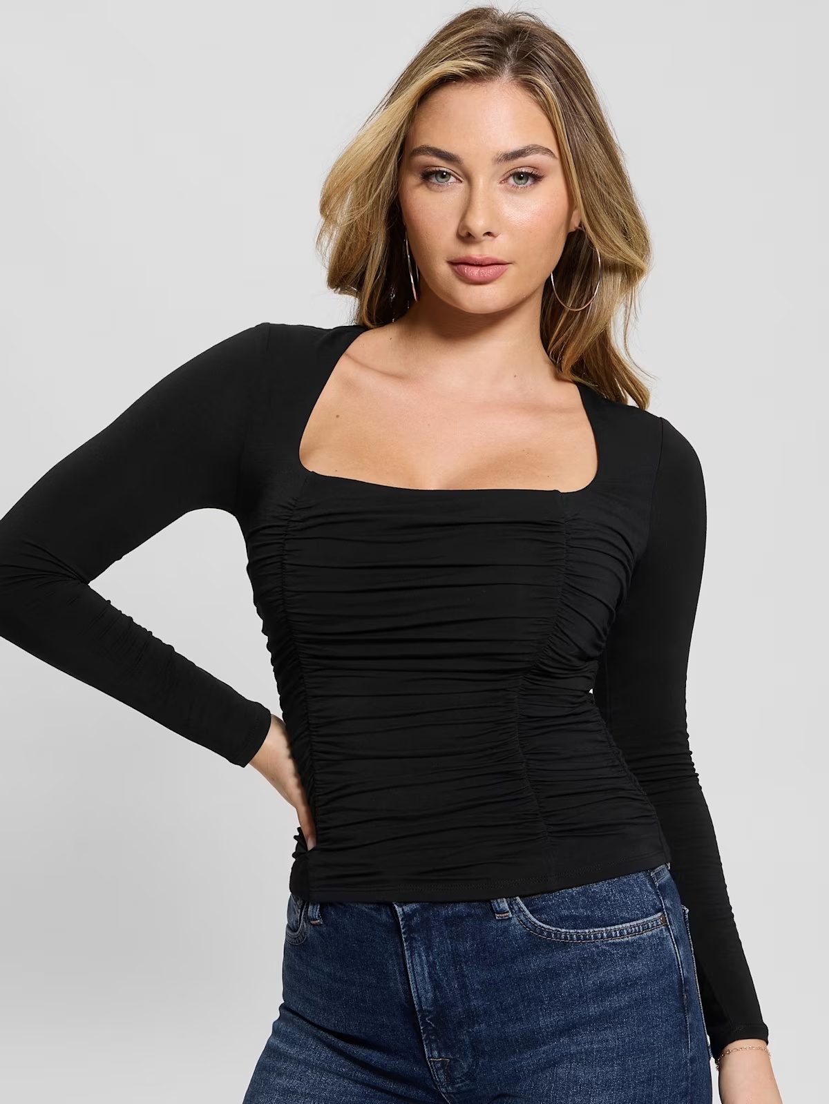 Eco Adrianna Shirred Top - Black