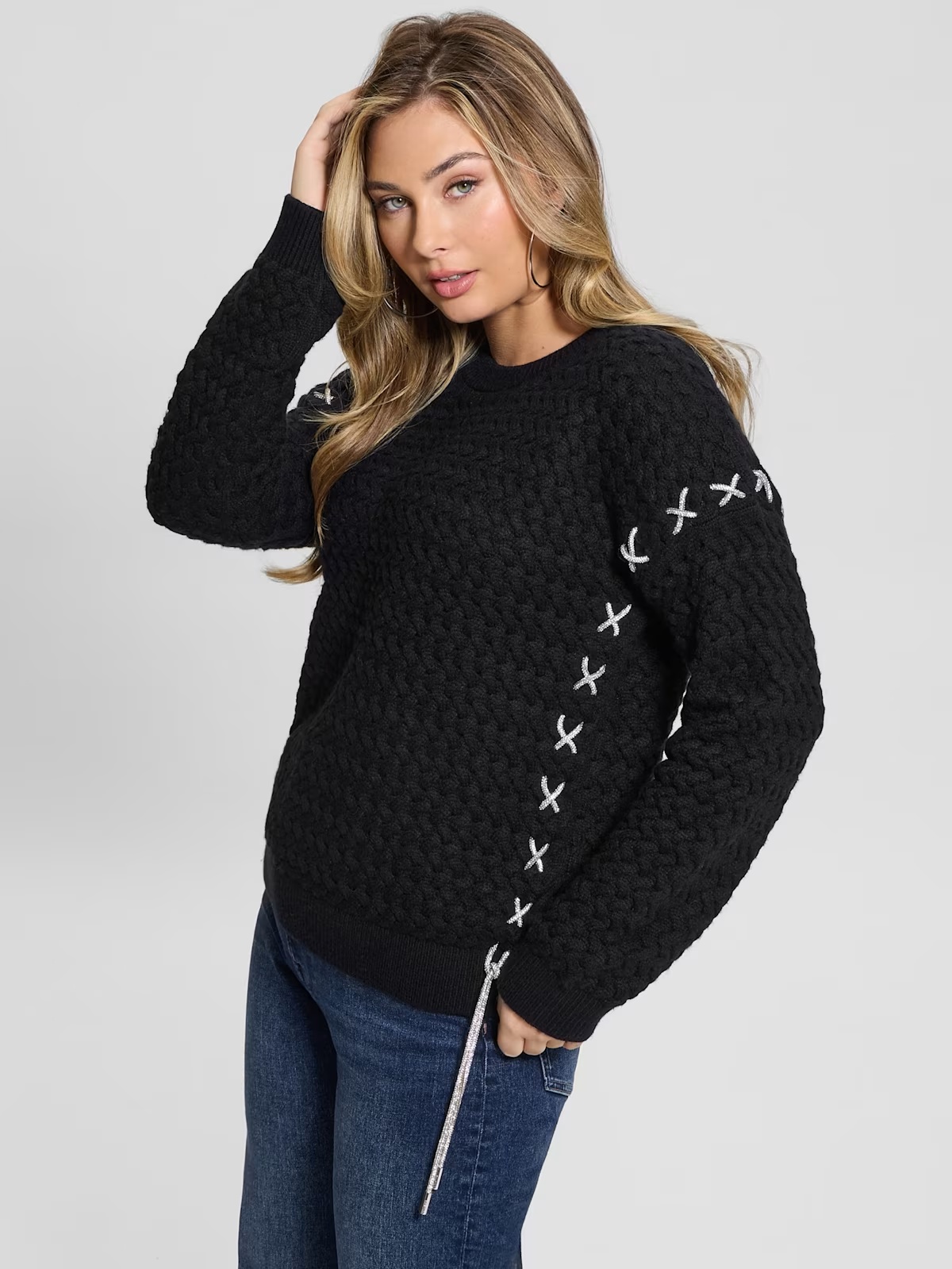 Elliss Rhinestone Wool-Blend Chain Sweater - Black